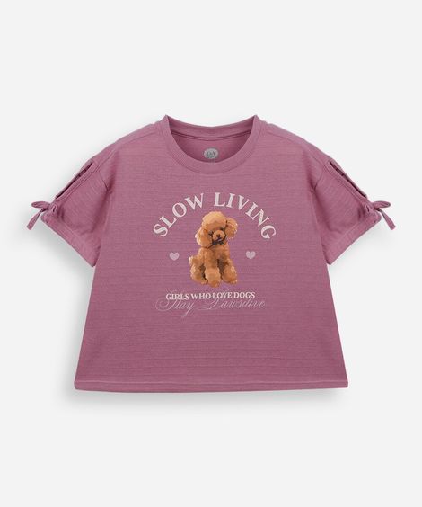 blusa infantil com detalhe de laço nas mangas cachorro roxo