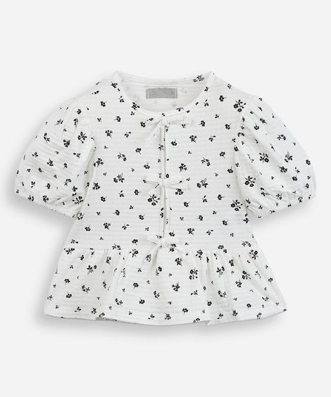 blusa infantil com lacinhos floral off white