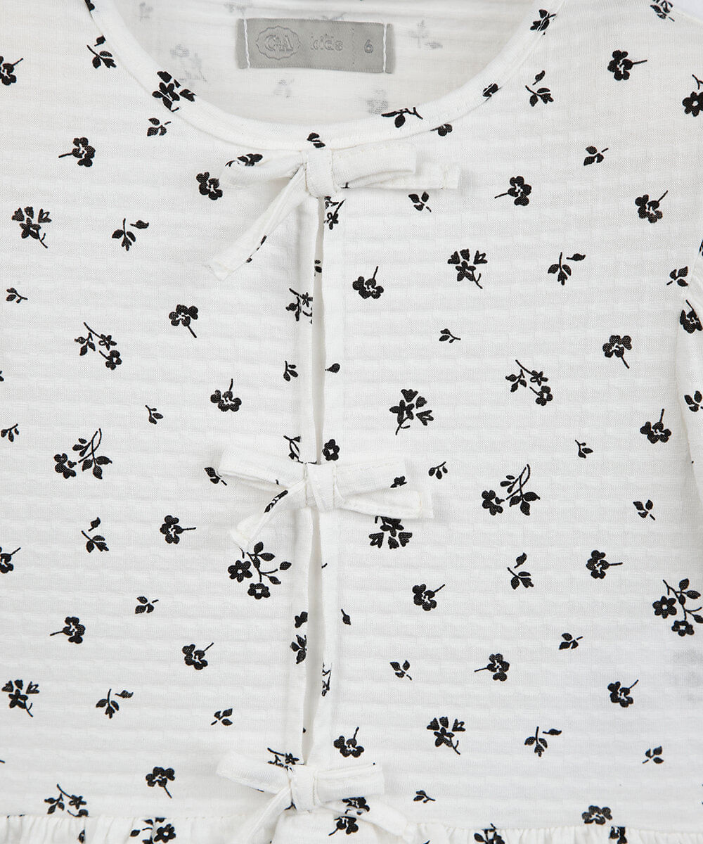blusa infantil com lacinhos floral off white