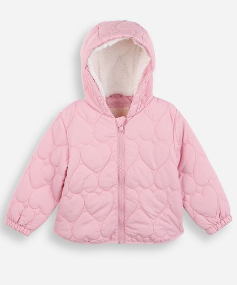 casaco infantil puffer de corações com capuz rosa