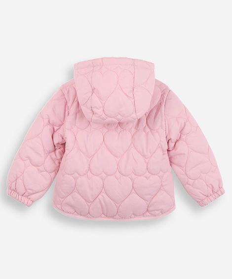 casaco infantil puffer de corações com capuz rosa