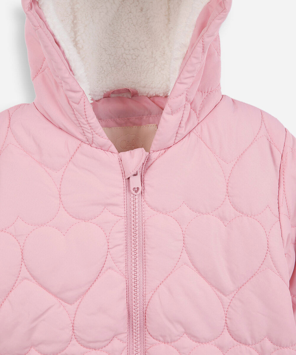 casaco infantil puffer de corações com capuz rosa