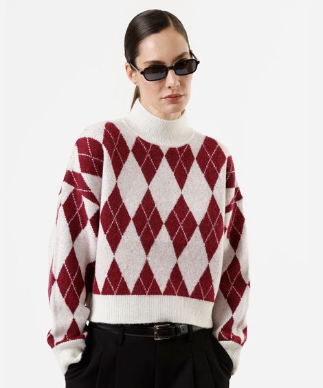 suéter oversized feminino de tricot gola alta xadrez argyle vinho