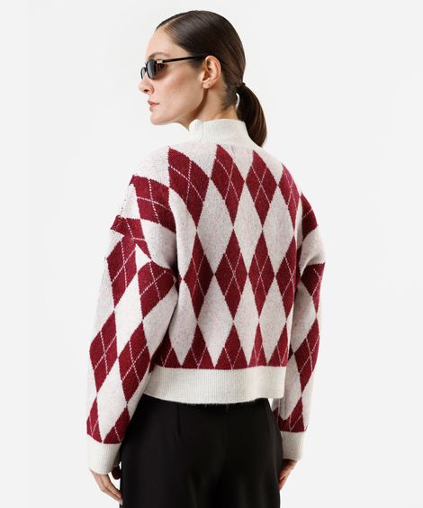 suéter oversized feminino de tricot gola alta xadrez argyle vinho