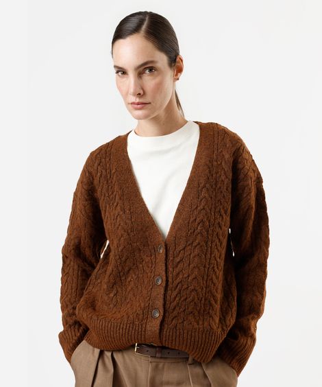 cardigan feminino de tricot com lã texturizado marrom