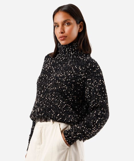 suéter feminino de tricot gola alta texturizado preto