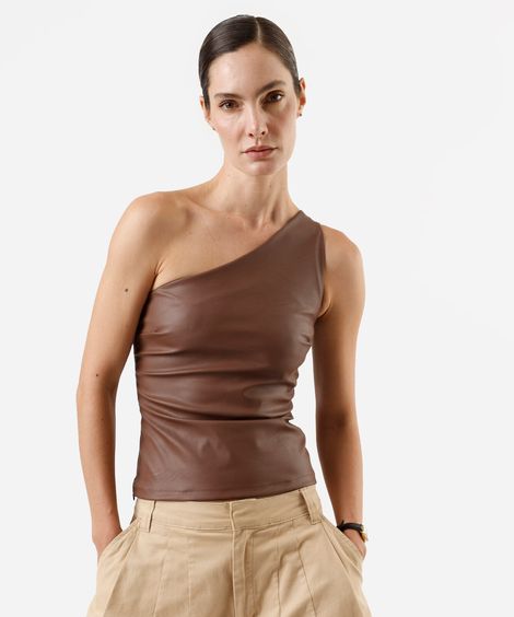 blusa ombro único feminina de pu franzida marrom