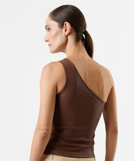 blusa ombro único feminina de pu franzida marrom
