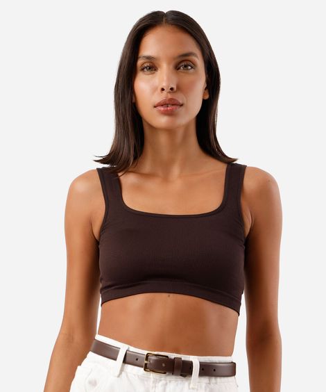 top cropped feminino de poliamida canelado marrom