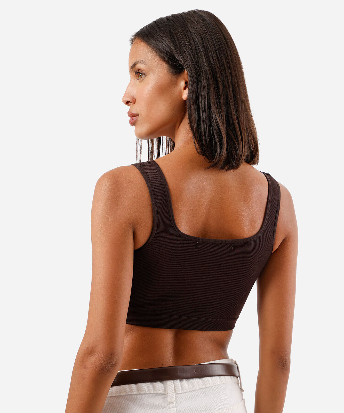 top cropped feminino de poliamida canelado marrom