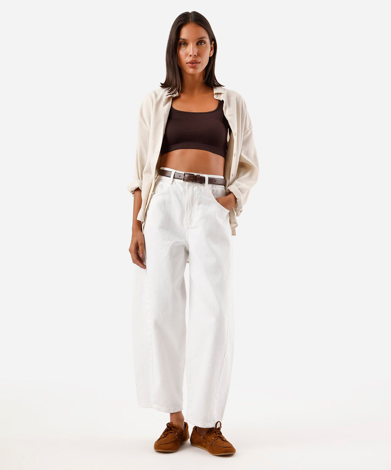top cropped feminino de poliamida canelado marrom