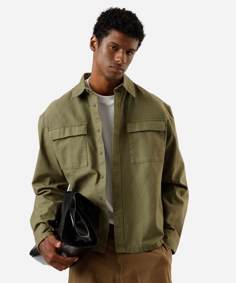 camisa overshirt masculina de sarja manga longa verde