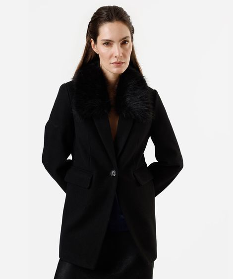 casaco feminino com gola de pelúcia texturizado preto