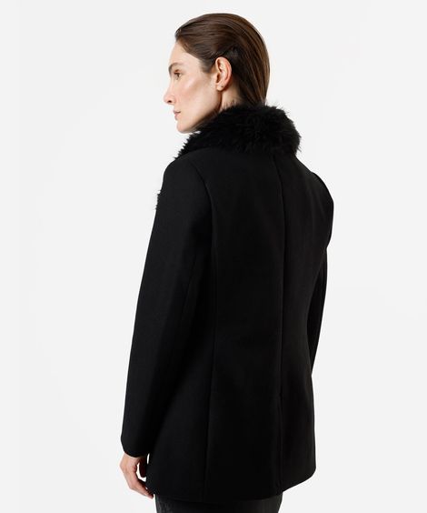 casaco feminino com gola de pelúcia texturizado preto
