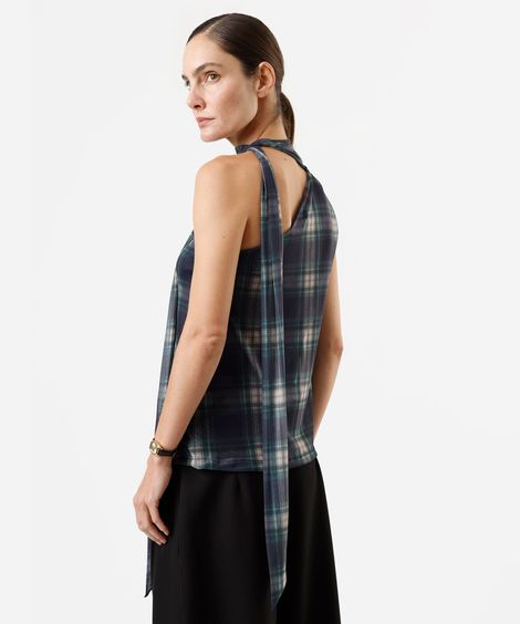 blusa ombro único feminina de tule com amarração xadrez azul