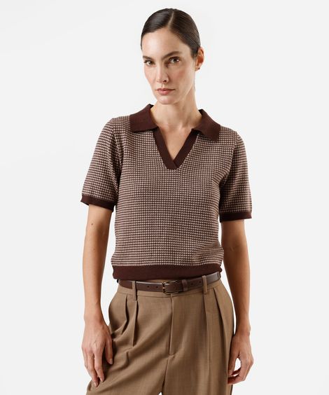 polo feminina de tricot manga curta pied de poule marrom