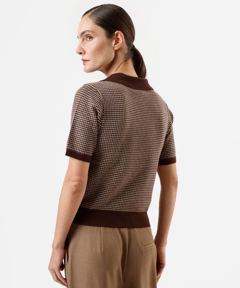 polo feminina de tricot manga curta pied de poule marrom