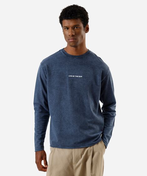 camiseta masculina de algodão manga longa estampada estonada azul