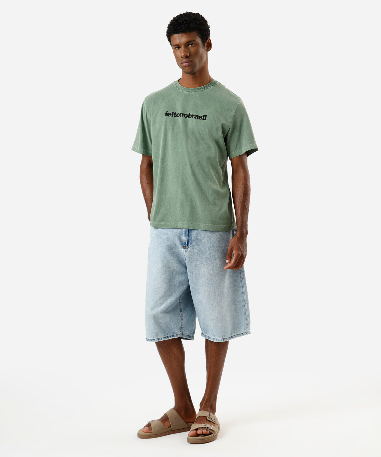 camiseta masculina de algodão estampada estonada verde
