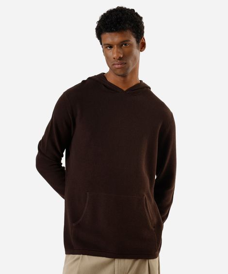 blusão masculino de tricot com capuz e bolso canguru marrom