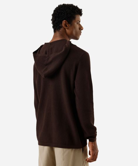 blusão masculino de tricot com capuz e bolso canguru marrom