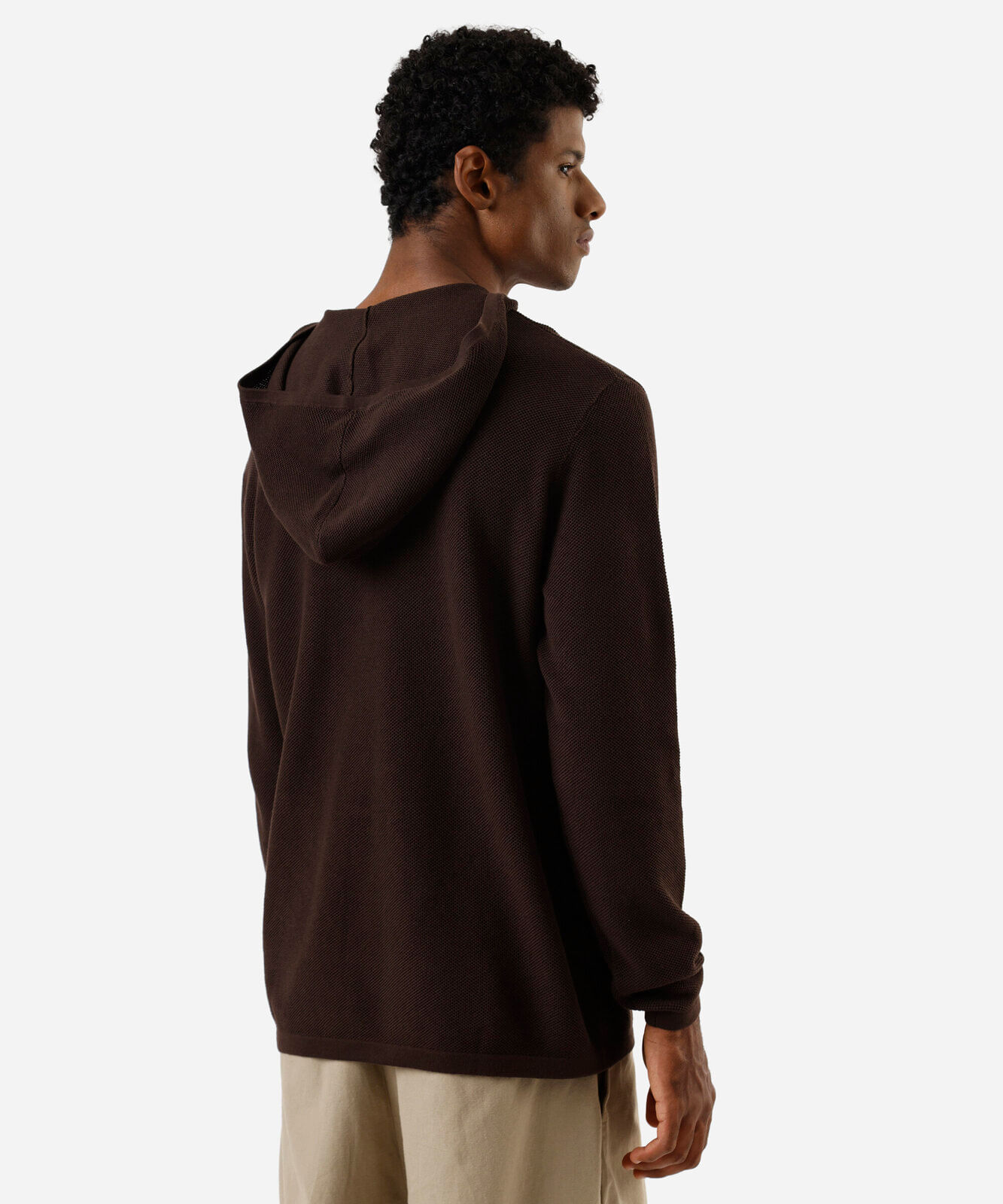 blusão masculino de tricot com capuz e bolso canguru marrom