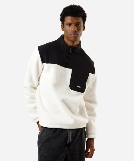 blusão masculino de fleece gola alta com recorte off white