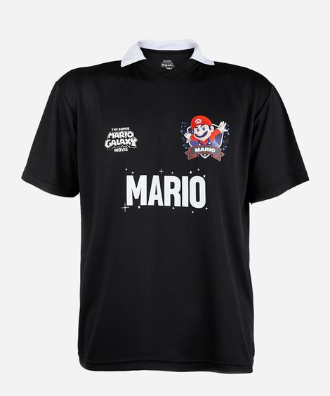 camiseta juvenil com gola manga curta mario bros preta