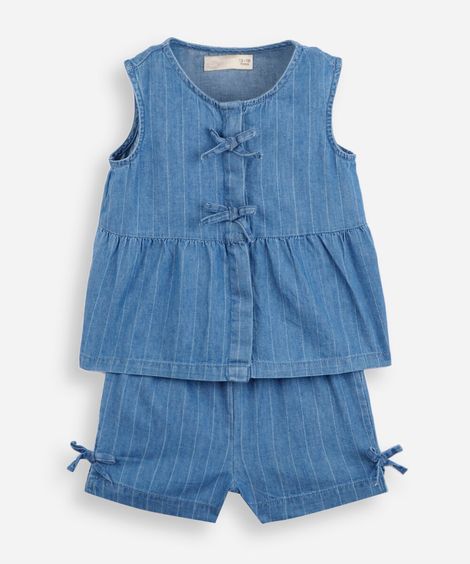 conjunto curto infantil jeans listrado azul