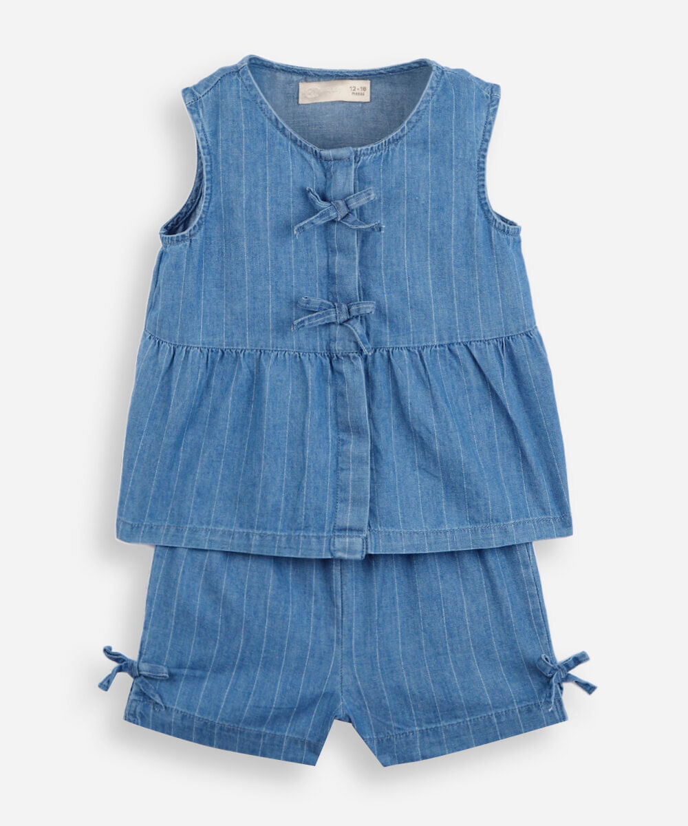 conjunto curto infantil jeans listrado azul
