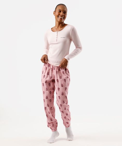 pijama longo feminino com algodão floral rosa
