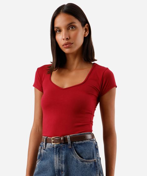 blusa baby look feminina decote u manga curta vermelha