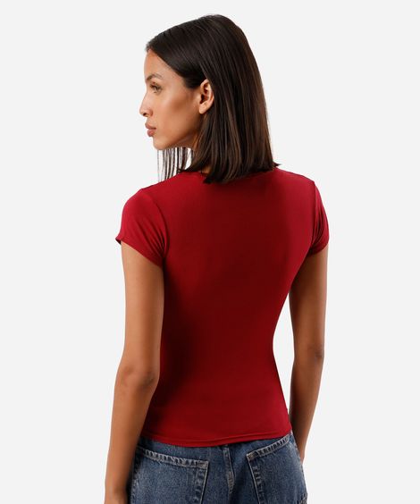 blusa baby look feminina decote u manga curta vermelha