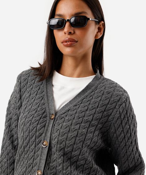 cardigan feminino de tricot decote v texturizado cinza