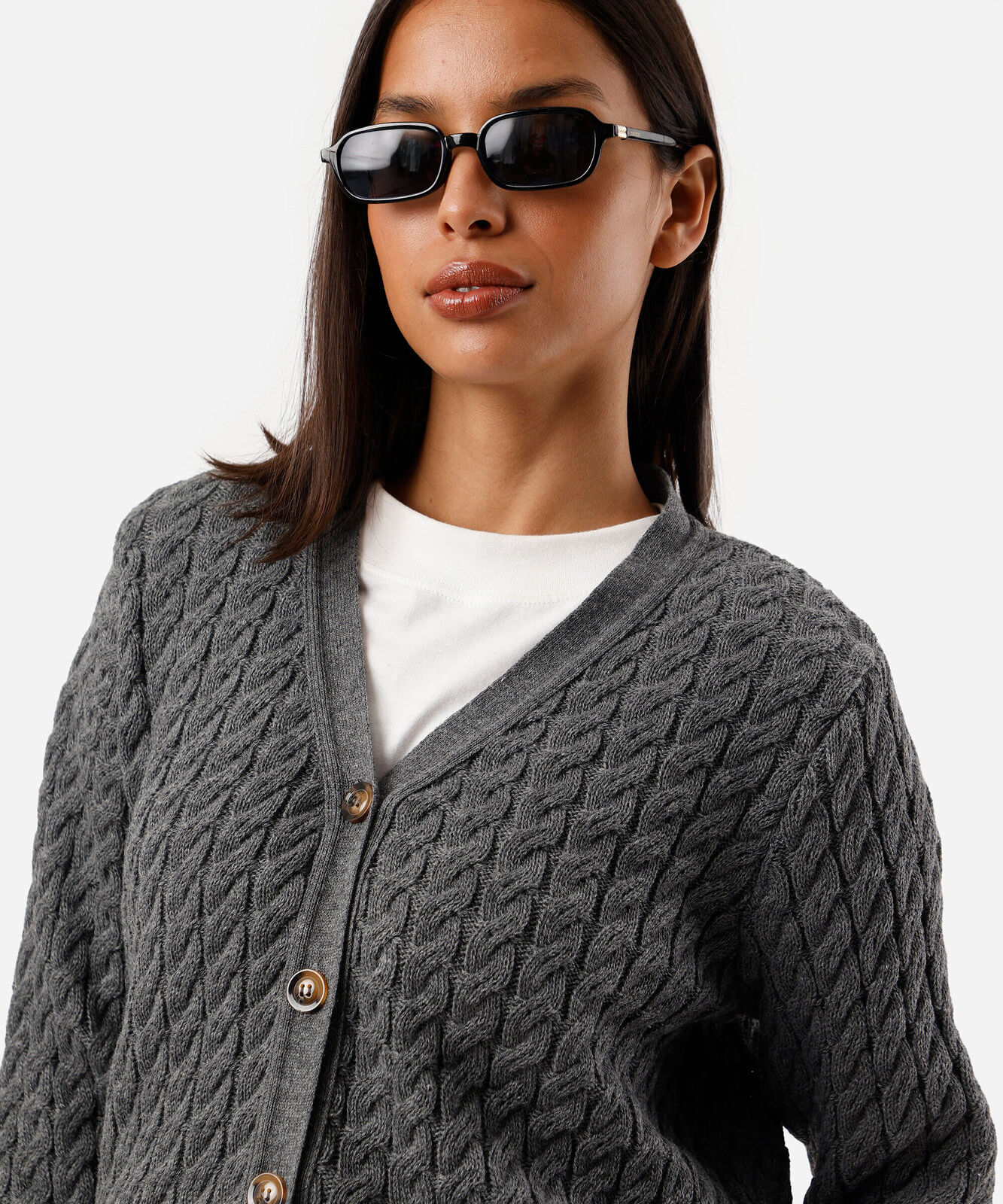 cardigan feminino de tricot decote v texturizado cinza