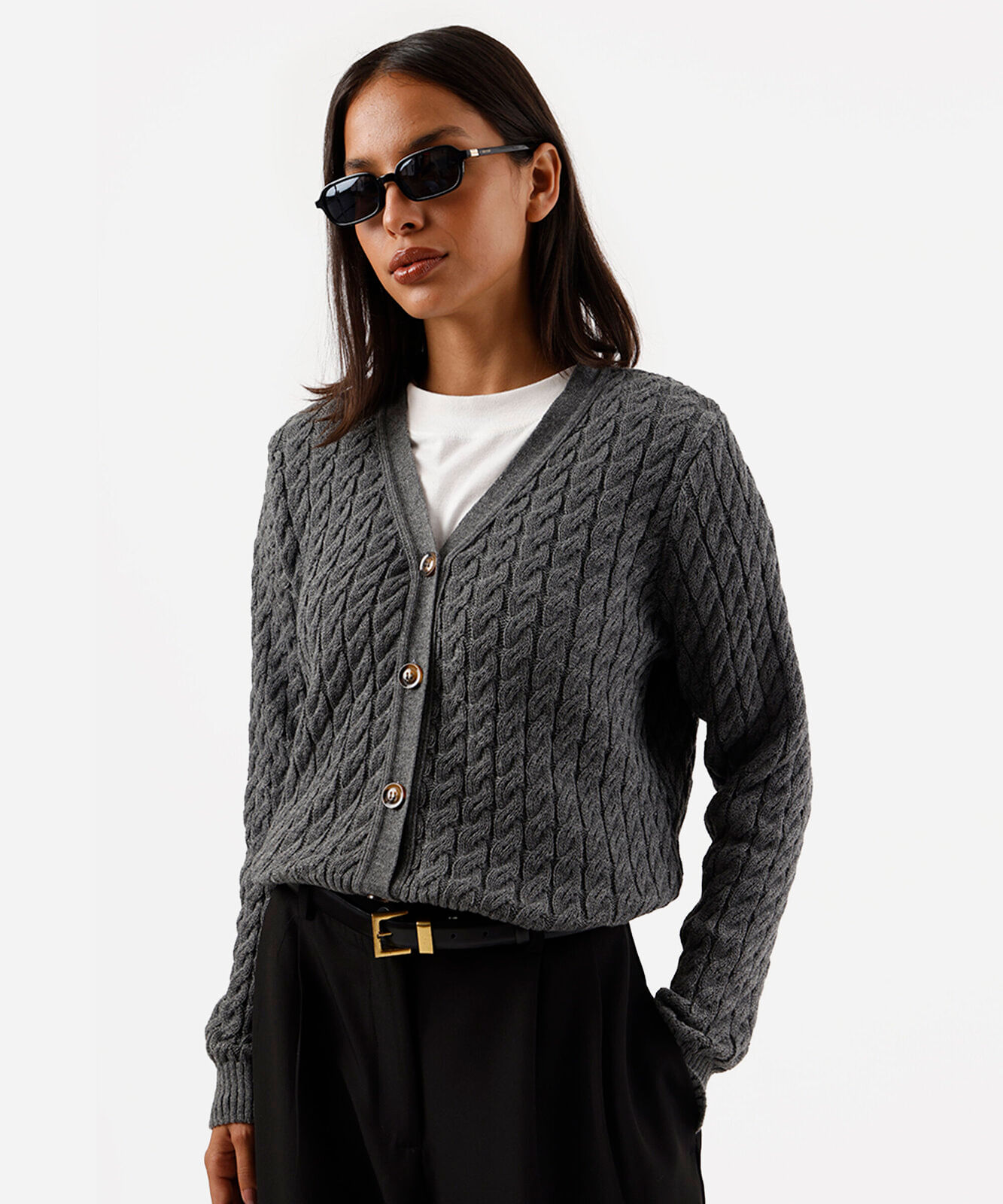 cardigan feminino de tricot decote v texturizado cinza