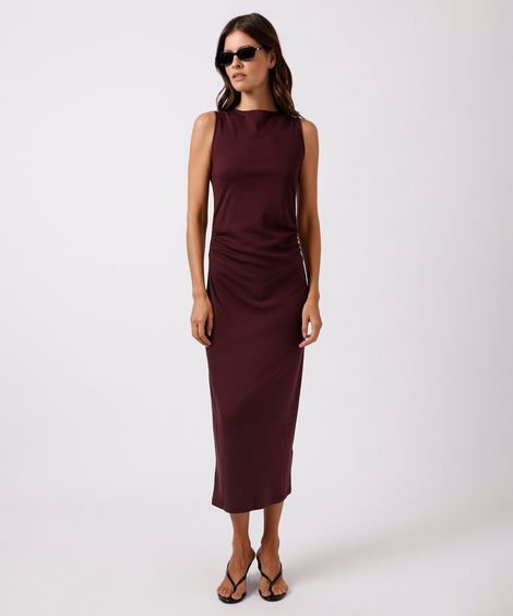 vestido midi feminino com viscose franzido mindset vinho