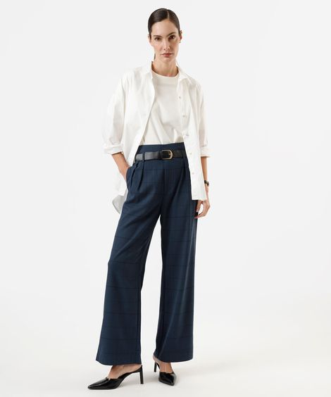 calça reta de alfaiataria feminina com cinto xadrez azul