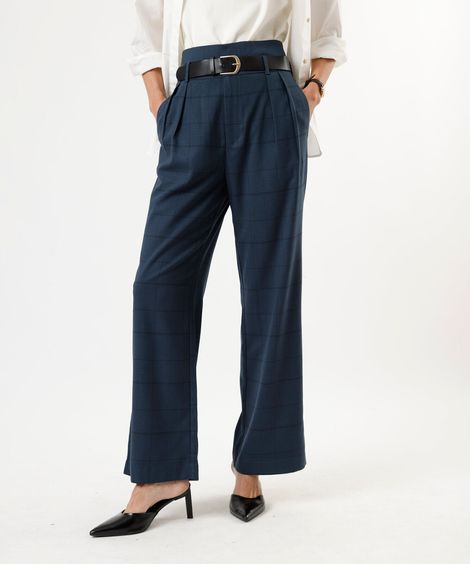 calça reta de alfaiataria feminina com cinto xadrez azul