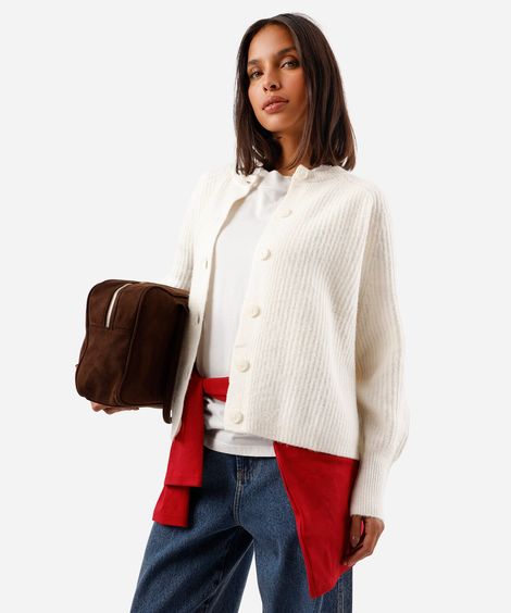cardigan feminino de tricot manga bufante canelado off white