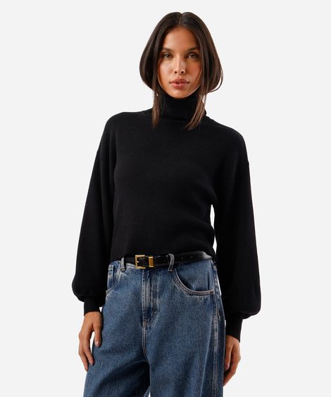 suéter cropped feminino de tricot manga bufante canelado preto