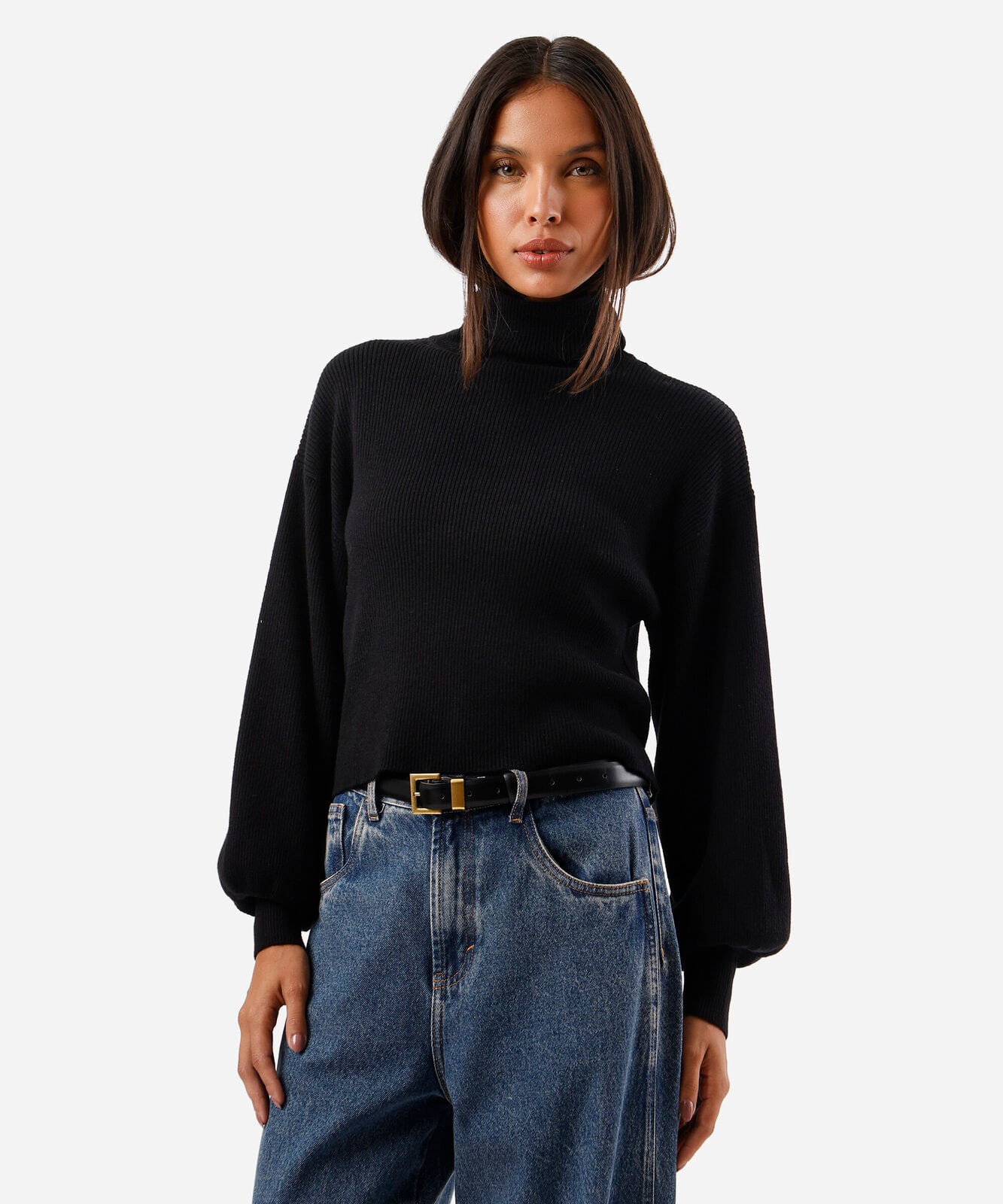 suéter cropped feminino de tricot manga bufante canelado preto