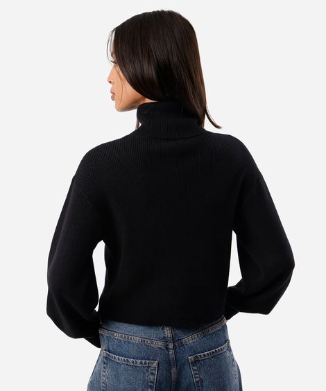 suéter cropped feminino de tricot manga bufante canelado preto