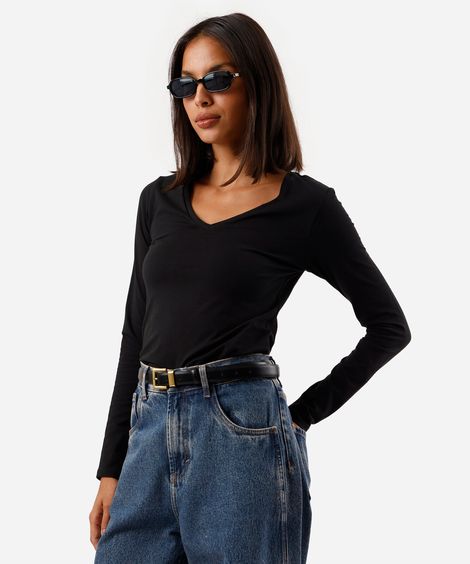 blusa feminina de algodão decote v manga longa preta