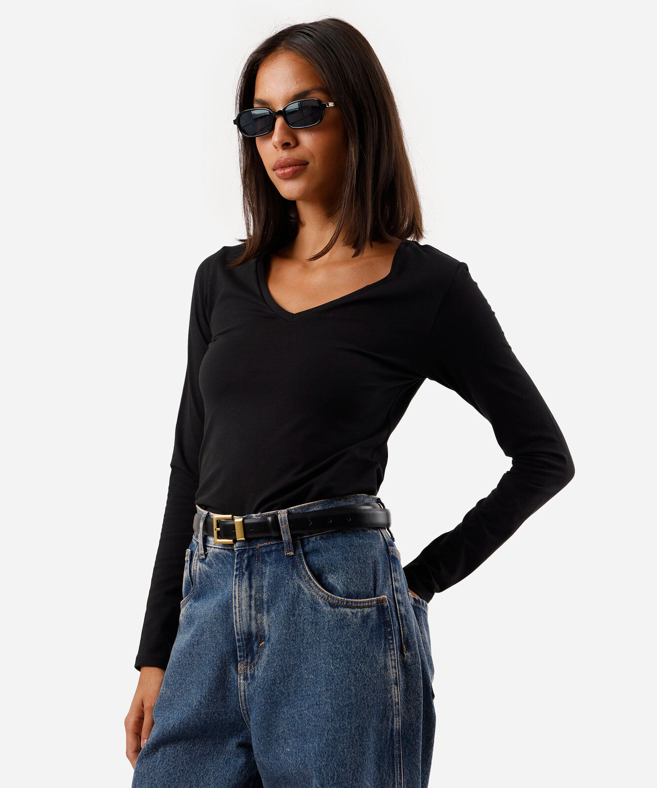 blusa feminina de algodão decote v manga longa preta