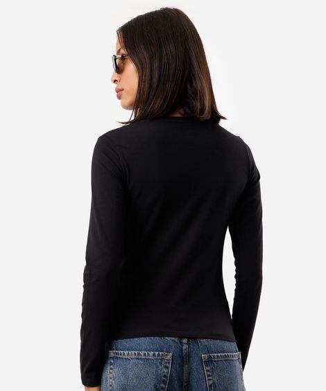 blusa feminina de algodão decote v manga longa preta