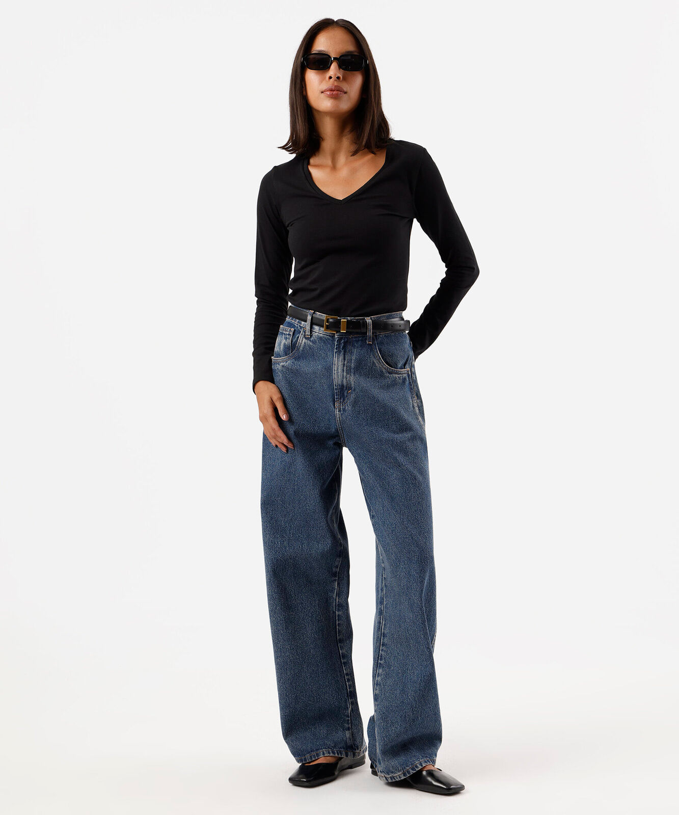 blusa feminina de algodão decote v manga longa preta
