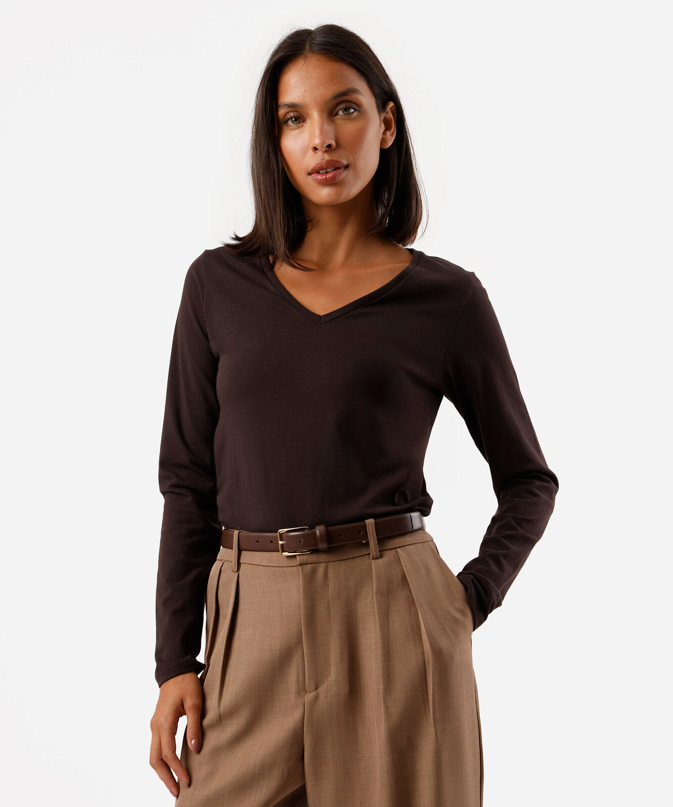 blusa feminina de algodão decote v manga longa marrom