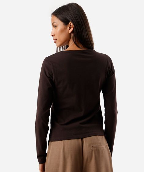 blusa feminina de algodão decote v manga longa marrom