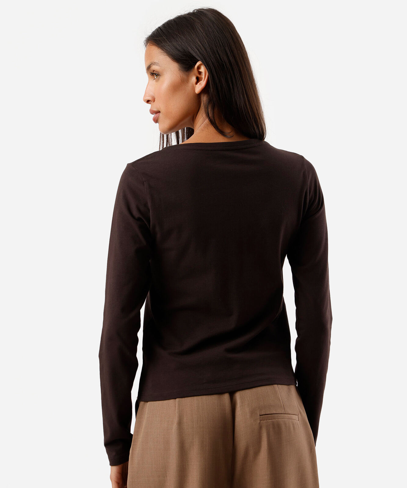 blusa feminina de algodão decote v manga longa marrom